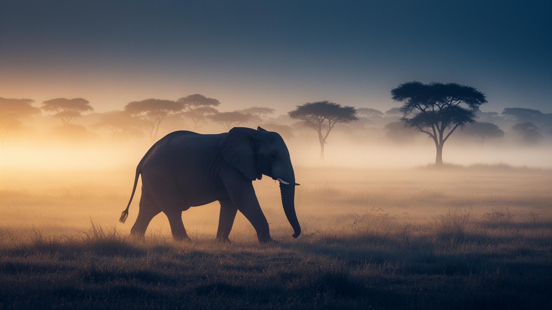 A lone elephant walking through dawn mist on the savanna